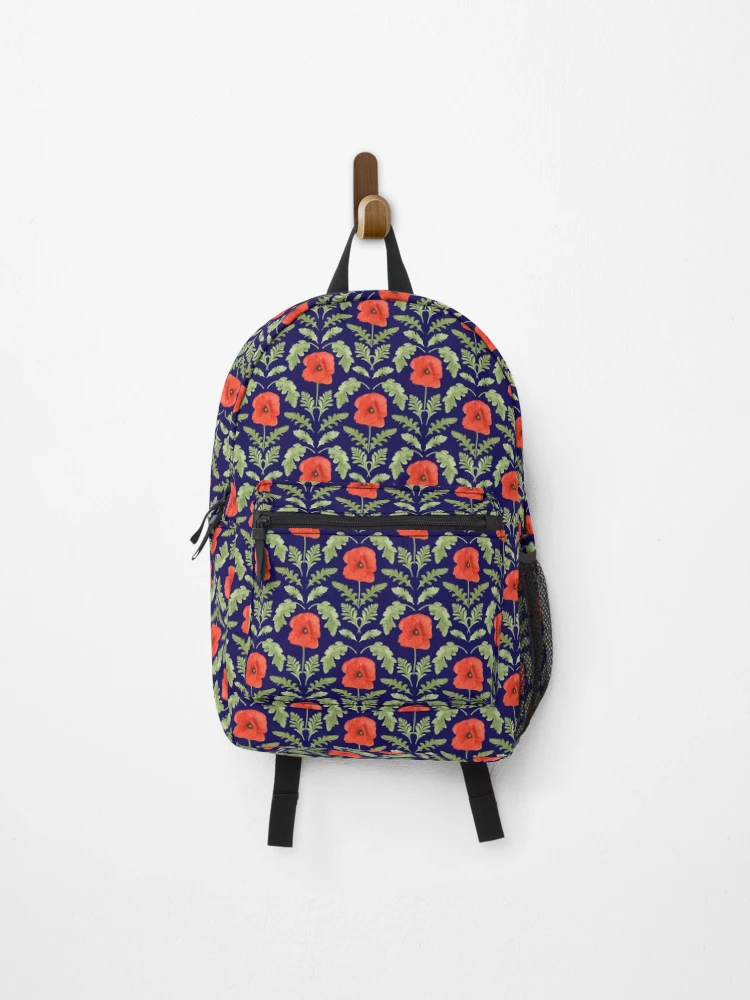 Thumbnail 1 of 3, Backpack, Red Poppy on Navy designed and sold by Rachel Fritz Watson.