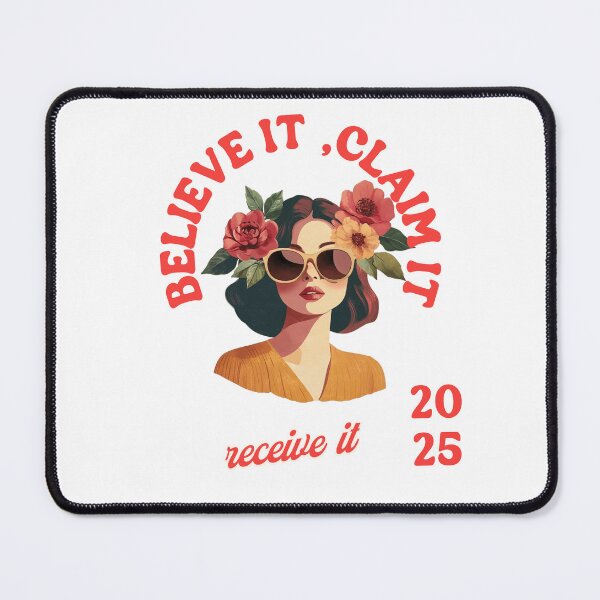 Item preview, "Retro Woman with Flowers and the Phrase 'Believe It, Claim It, Receive It' – Female Empowerment Design" designed and sold by JenniferCreaArte .