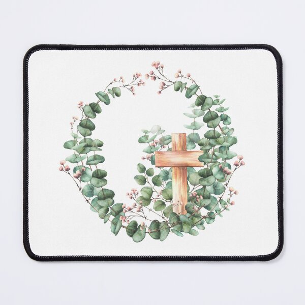 Item preview, Wooden Cross with green eucalyptus branch and pink flowers twig. Watercolor painted religious clipart designed and sold by BartolArt.