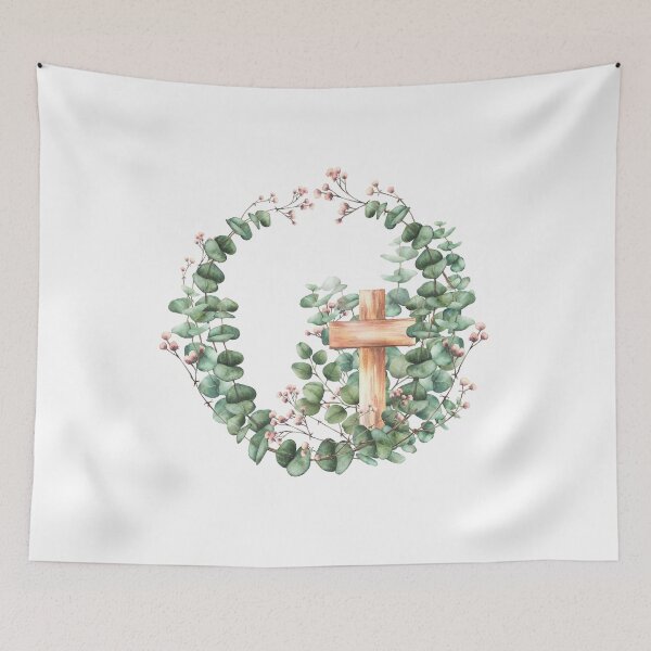 Item preview, Wooden Cross with green eucalyptus branch and pink flowers twig. Watercolor painted religious clipart designed and sold by BartolArt.