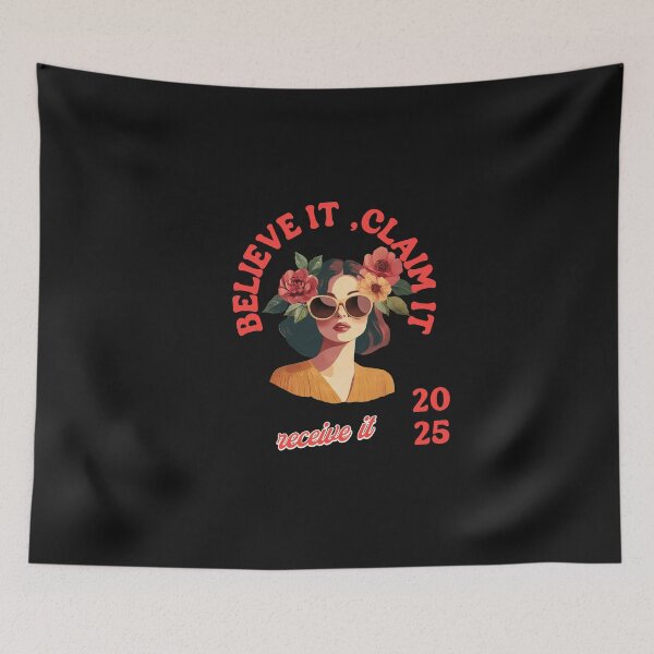 Item preview, "Retro Woman with Flowers and the Phrase 'Believe It, Claim It, Receive It' – Female Empowerment Design" designed and sold by JenniferCreaArte .
