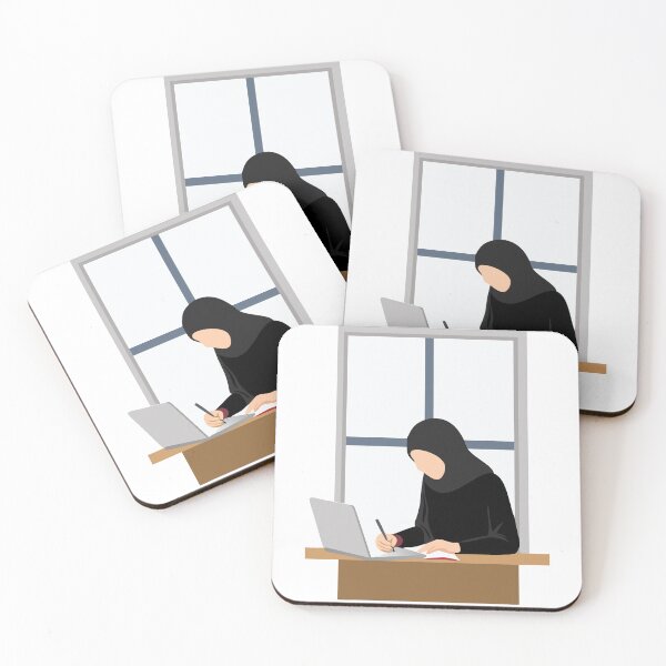 Item preview, Person in Black Hijab Writing at Desk with Laptop by Window designed and sold by Creative88Art.