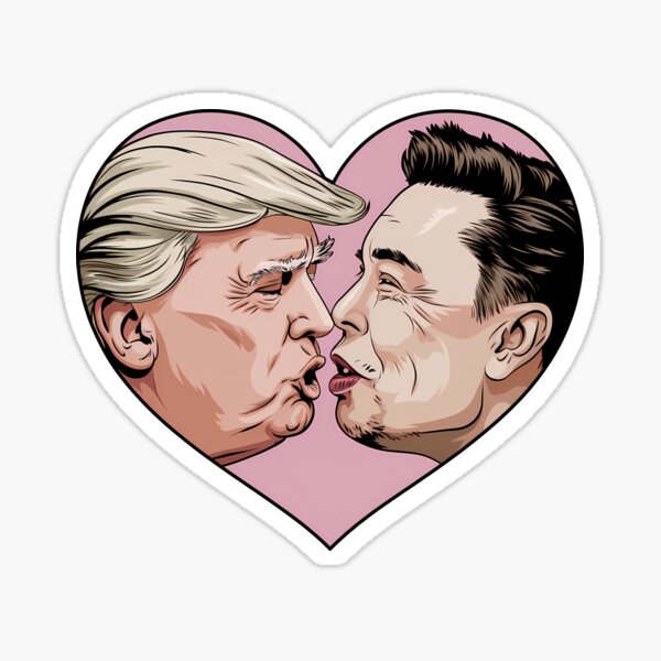 Vista previa del artículo con la obra «Trump y Musk se besan», diseñado y vendido por Stickersaurus1.
