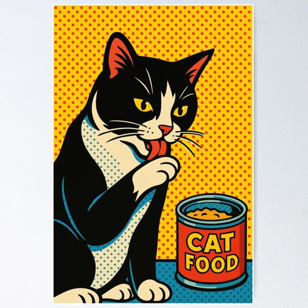 Item preview, Tuxedo Cat Pop Art – Comic Style Cat Food Moment designed and sold by LesChatsArt.