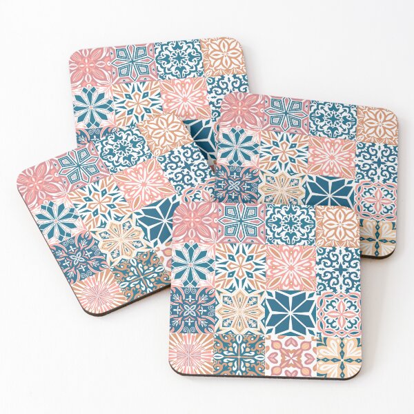 Item preview, Azuleo tiles in pink blue and ochre designed and sold by EllilaDesigns.
