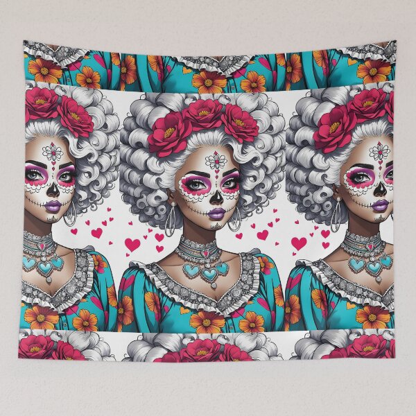 Item preview, SUGAR SKULL VAMP African Creole Black Indian Bi-Racial Latina Girl Anime Manga Cartoon Style - Day of the Dead Halloween Latin Hispanic Celebration Decor ~ Birthday Christmas Gift designed and sold by Spinning Plates 360.