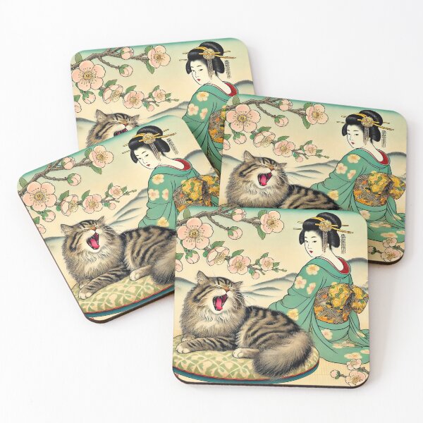 Item preview, Spring Yawn – Cat on Cushion in a Blossoming Japanese Scene designed and sold by Zen Cat Studio.