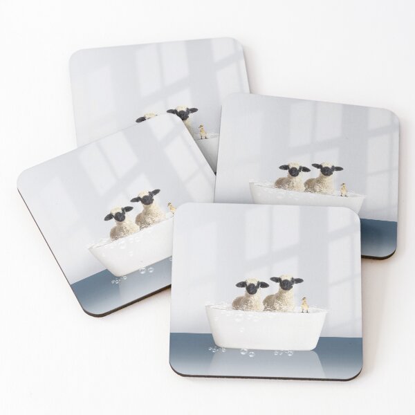 Item preview, Two Lambs and Duckling in Modern Bathtub Blue Print, Lamb Bathing, Animals in Bathtub Art by Synplus designed and sold by synplus.