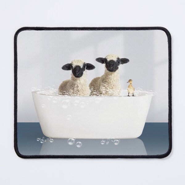 Item preview, Two Lambs and Duckling in Modern Bathtub Blue Print, Lamb Bathing, Animals in Bathtub Art by Synplus designed and sold by synplus.