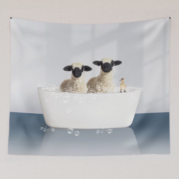 Item preview, Two Lambs and Duckling in Modern Bathtub Blue Print, Lamb Bathing, Animals in Bathtub Art by Synplus designed and sold by synplus.