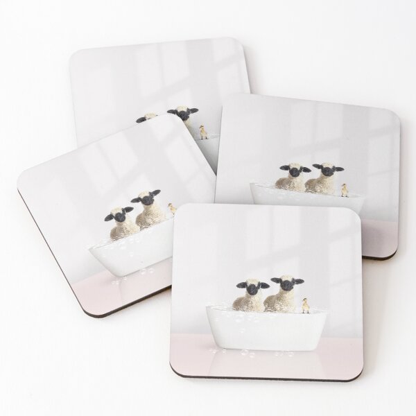 Item preview, Two Lambs and Duckling in Modern Bathtub Pink Print, Lamb Bathing, Animals in Bathtub Art by Synplus designed and sold by synplus.