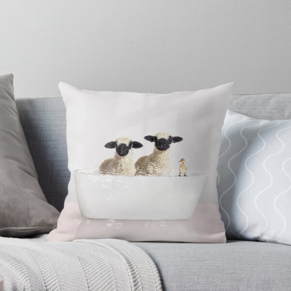 Item preview, Two Lambs and Duckling in Modern Bathtub Pink Print, Lamb Bathing, Animals in Bathtub Art by Synplus designed and sold by synplus.