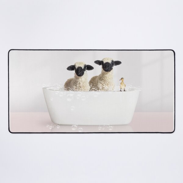 Item preview, Two Lambs and Duckling in Modern Bathtub Pink Print, Lamb Bathing, Animals in Bathtub Art by Synplus designed and sold by synplus.