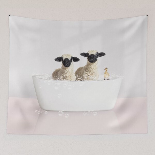 Item preview, Two Lambs and Duckling in Modern Bathtub Pink Print, Lamb Bathing, Animals in Bathtub Art by Synplus designed and sold by synplus.