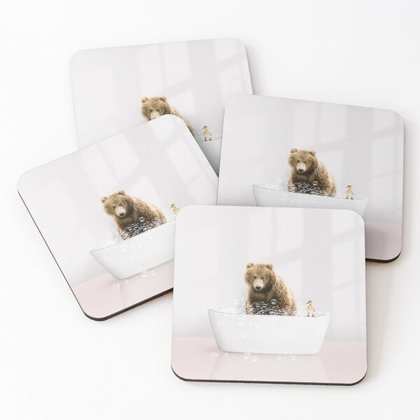 Item preview, Bear Cub in Modern Bathtub Pink Print, Bear and Duckling, Baby Bear Bathing, Animals in Bathtub Art by Synplus designed and sold by synplus.