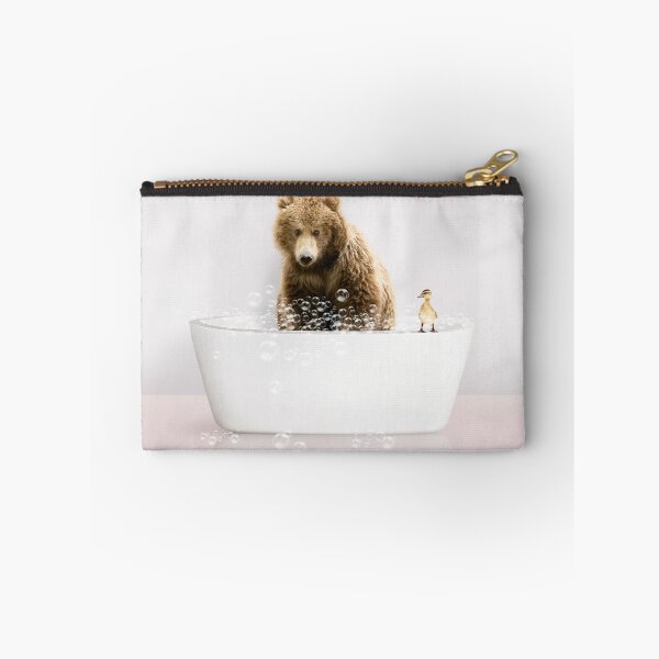 Item preview, Bear Cub in Modern Bathtub Pink Print, Bear and Duckling, Baby Bear Bathing, Animals in Bathtub Art by Synplus designed and sold by synplus.