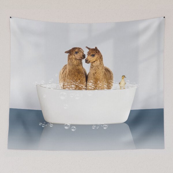 Item preview, Two Alpacas and Duckling in Modern Bathtub Blue Print, Alpaca Bathing, Animals in Bathtub Art by Synplus designed and sold by synplus.