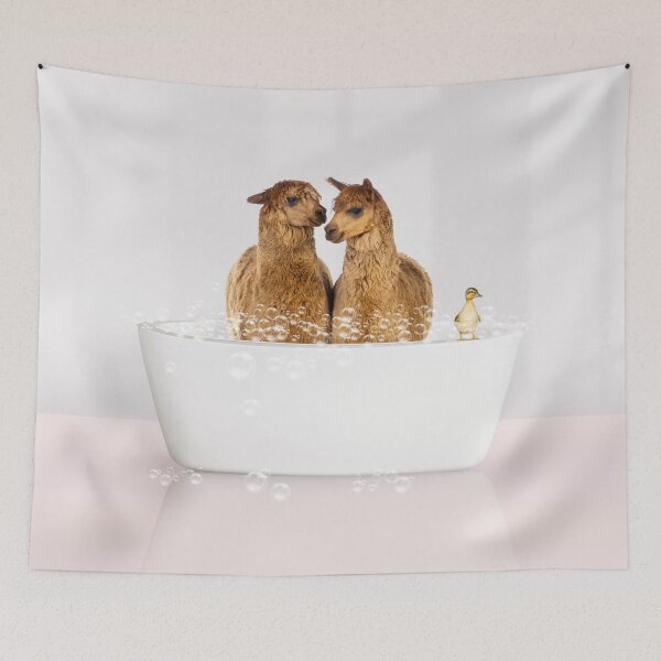 Item preview, Two Alpacas and Duckling in Modern Bathtub Pink Print, Alpaca Bathing, Animals in Bathtub Art by Synplus designed and sold by synplus.