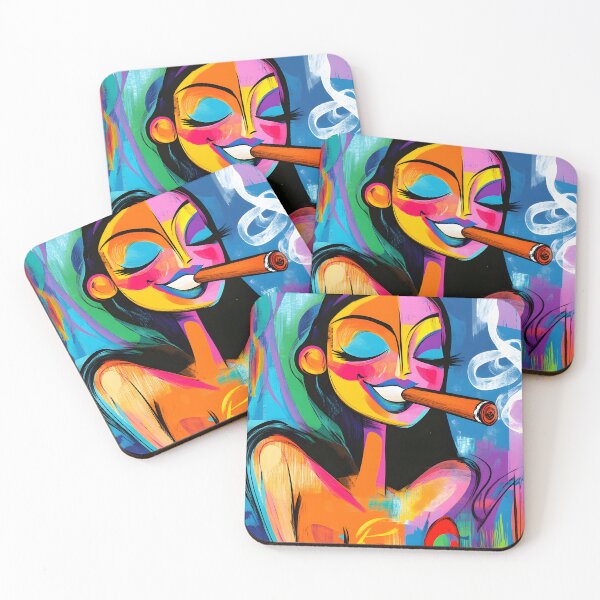 Item preview, Joyful Cigar Moment - Stylized Woman with Colorful Face Paint in Dynamic Harmony designed and sold by OlfactoART Studio.