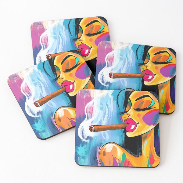 Item preview, Joyful Indulgence - Vibrant Woman Smoking a Cigar in a Dynamic Abstract Scene designed and sold by OlfactoART Studio.