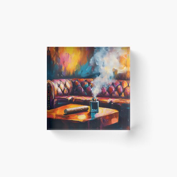 Item preview, Indulge in Comfort - Luxurious Leather Sofa and Lit Cigar Against Warm Abstract Hues Digital AI Generated Art designed and sold by OlfactoART Studio.