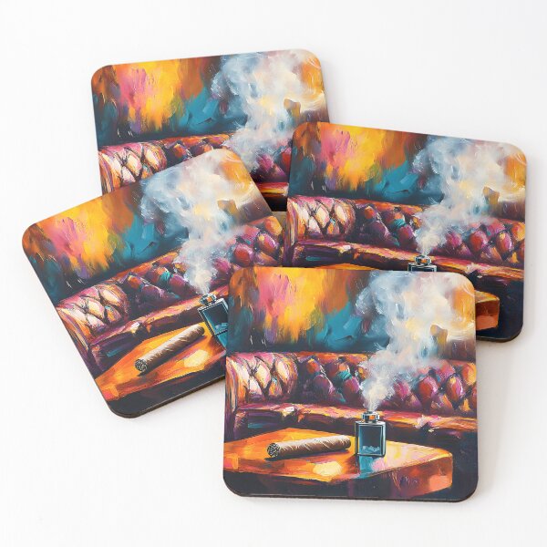 Item preview, Indulge in Comfort - Luxurious Leather Sofa and Lit Cigar Against Warm Abstract Hues Digital AI Generated Art designed and sold by OlfactoART Studio.