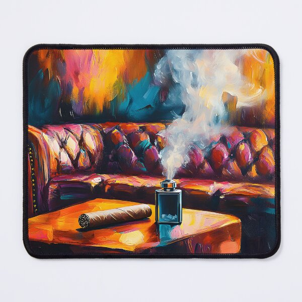 Item preview, Indulge in Comfort - Luxurious Leather Sofa and Lit Cigar Against Warm Abstract Hues Digital AI Generated Art designed and sold by OlfactoART Studio.
