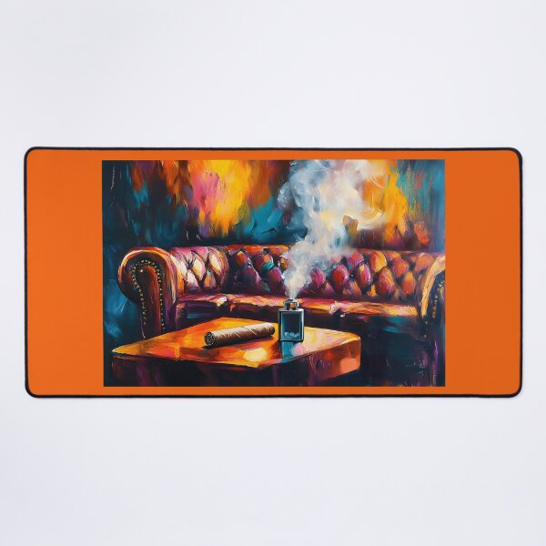 Item preview, Indulge in Comfort - Luxurious Leather Sofa and Lit Cigar Against Warm Abstract Hues Digital AI Generated Art designed and sold by OlfactoART Studio.