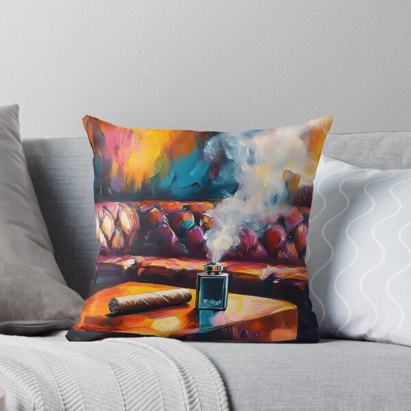 Item preview, Indulge in Comfort - Luxurious Leather Sofa and Lit Cigar Against Warm Abstract Hues Digital AI Generated Art designed and sold by OlfactoART Studio.