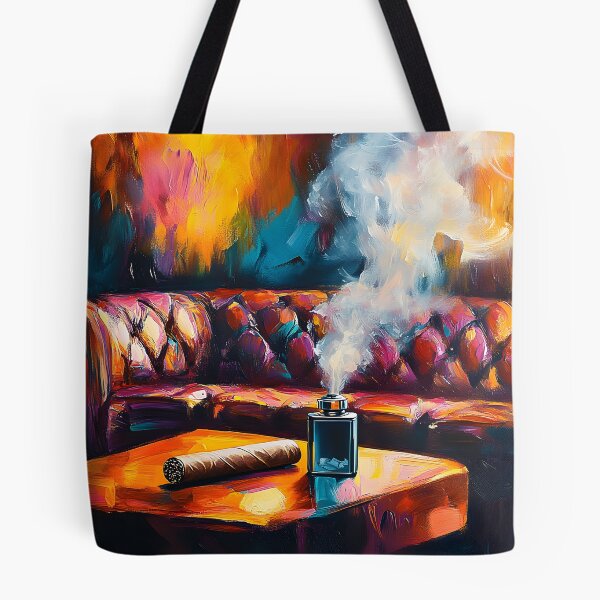 Item preview, Indulge in Comfort - Luxurious Leather Sofa and Lit Cigar Against Warm Abstract Hues Digital AI Generated Art designed and sold by OlfactoART Studio.