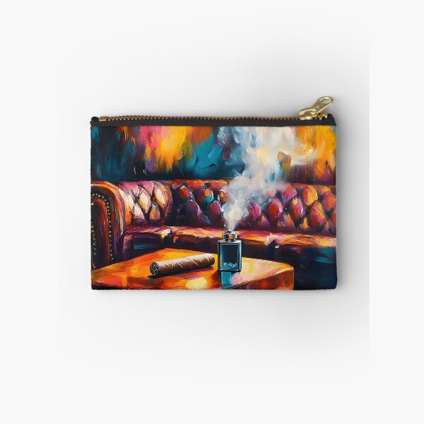 Item preview, Indulge in Comfort - Luxurious Leather Sofa and Lit Cigar Against Warm Abstract Hues Digital AI Generated Art designed and sold by OlfactoART Studio.