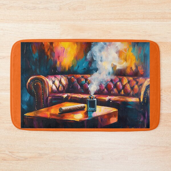 Item preview, Indulge in Comfort - Luxurious Leather Sofa and Lit Cigar Against Warm Abstract Hues Digital AI Generated Art designed and sold by OlfactoART Studio.
