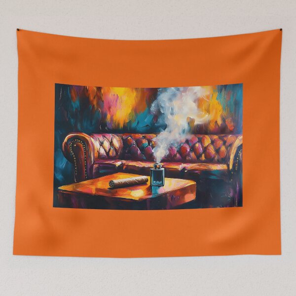 Item preview, Indulge in Comfort - Luxurious Leather Sofa and Lit Cigar Against Warm Abstract Hues Digital AI Generated Art designed and sold by OlfactoART Studio.