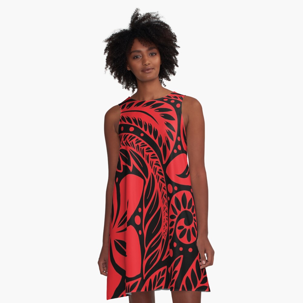 Kreisformige Polynesische Stammes Rote Schwarze Blumen Tatowierung A Linien Kleid Von Ayeletf Redbubble