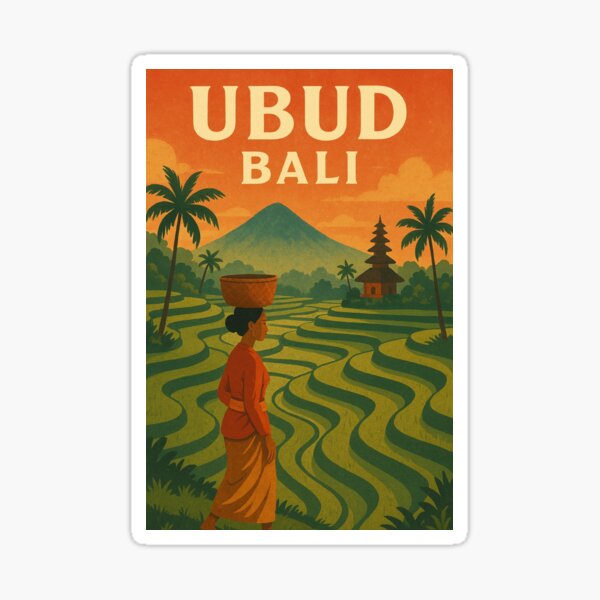 Ubud Bali Rice Terraces with Mount Agung and Balinese Temple Sticker