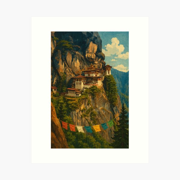 Item preview, Tiger’s Nest Monastery on Cliffside with Prayer Flags, Bhutan designed and sold by Aryabek.