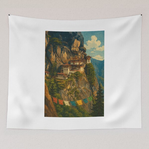 Item preview, Tiger’s Nest Monastery on Cliffside with Prayer Flags, Bhutan designed and sold by Aryabek.