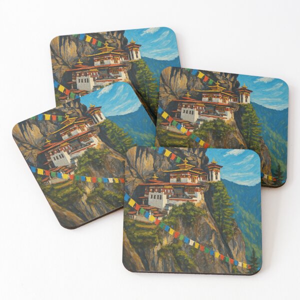 Item preview, Art of Tiger’s Nest Monastery on Cliffside with Prayer Flags, Bhutan designed and sold by Aryabek.