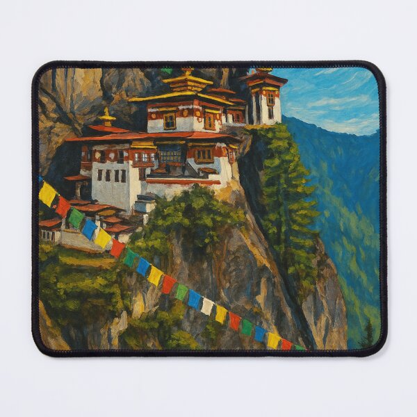 Item preview, Art of Tiger’s Nest Monastery on Cliffside with Prayer Flags, Bhutan designed and sold by Aryabek.
