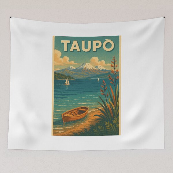 Item preview, Lake Taupō View with Canoe and Snow-Capped Tongariro Mountains designed and sold by Aryabek.