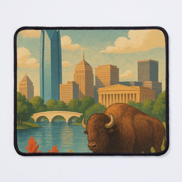 Item preview, Bison Grazing by the Oklahoma City Skyline designed and sold by Aryabek.