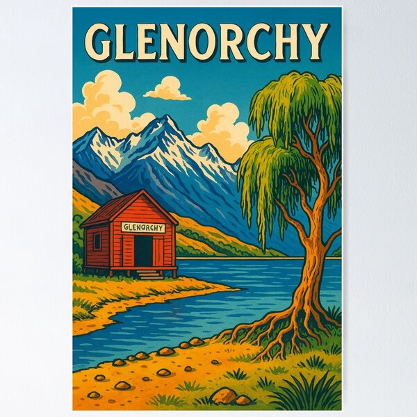 Item preview, Glenorchy Boathouse with Willow and Mountain Peaks designed and sold by Aryabek.
