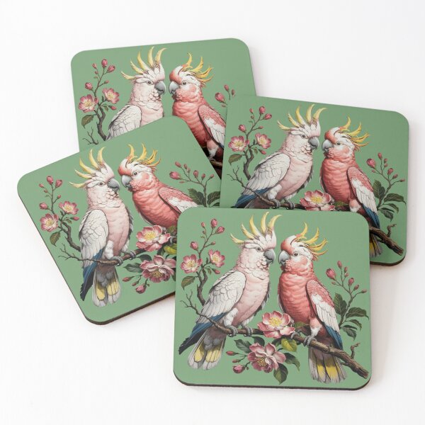 Item preview, A pair of cockatoos perched on an old-fashioned branch, adorned with blossoming flowers designed and sold by 123ks.