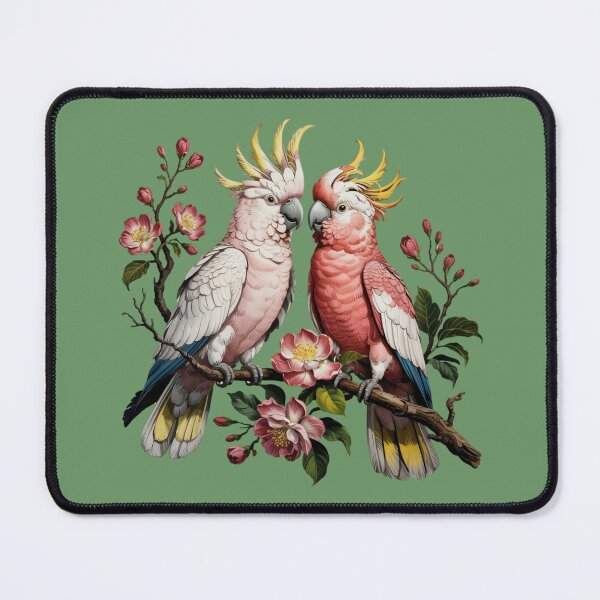 Item preview, A pair of cockatoos perched on an old-fashioned branch, adorned with blossoming flowers designed and sold by 123ks.