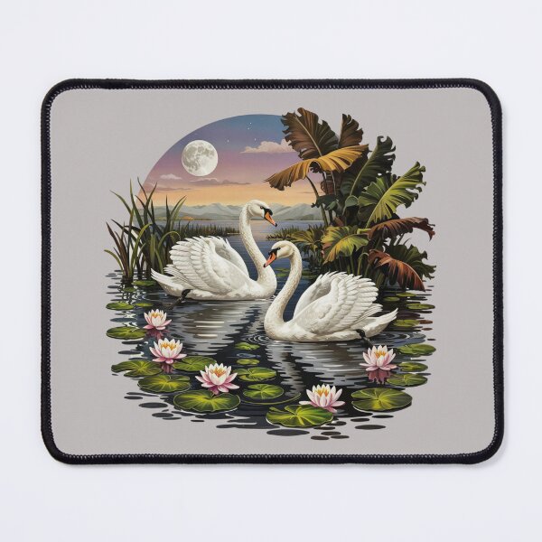 Item preview, A pair of swans gliding across a lake surrounded by water lilies under a full moon designed and sold by 123ks.