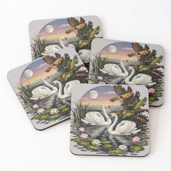 Item preview, A pair of swans gliding across a lake surrounded by water lilies under a full moon designed and sold by 123ks.