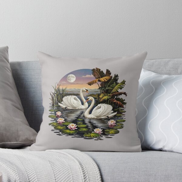 Item preview, A pair of swans gliding across a lake surrounded by water lilies under a full moon designed and sold by 123ks.
