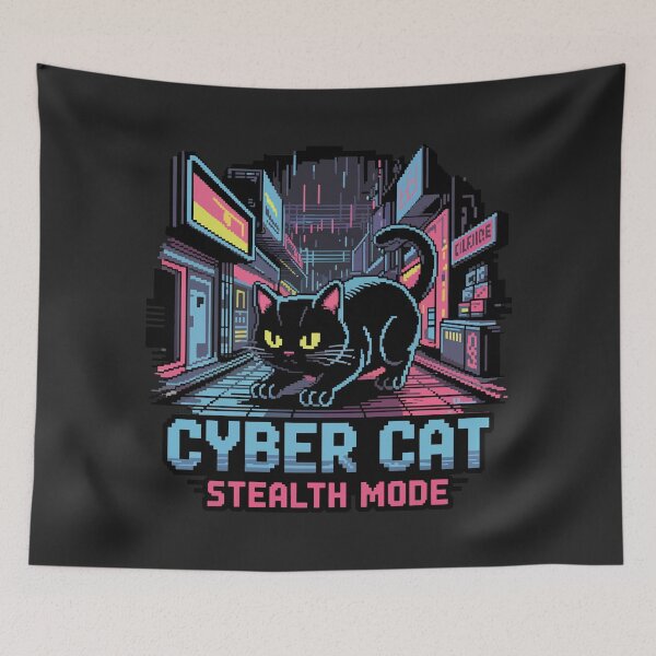 Item preview, Cyber Cat Stealth Mode - Neon Pixel Black Cat designed and sold by NaturePixel.