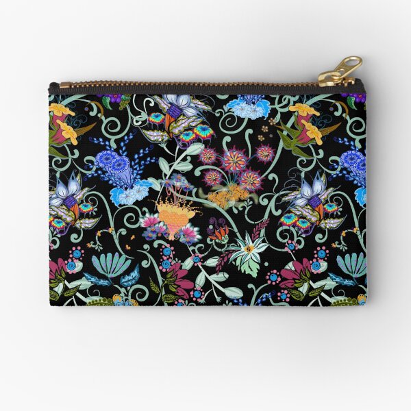 Fairyland Flowers Boho Beauties on Black Background Zipper Pouch