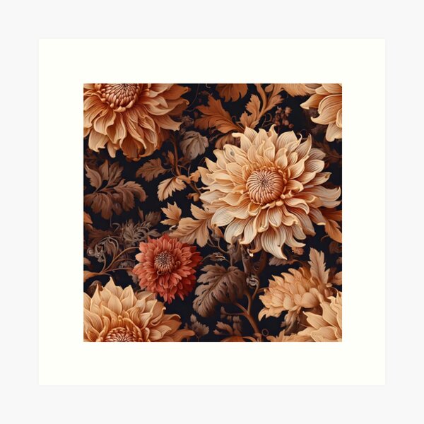 Aperçu de l'œuvre Baroque floral avec des dahlias en fleurs dans des tons terreux créée et vendue par Designbes.